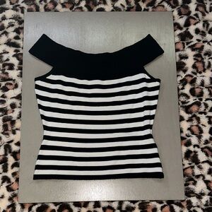Garage Blue/black and White Striped Off-Shoulder Blouse